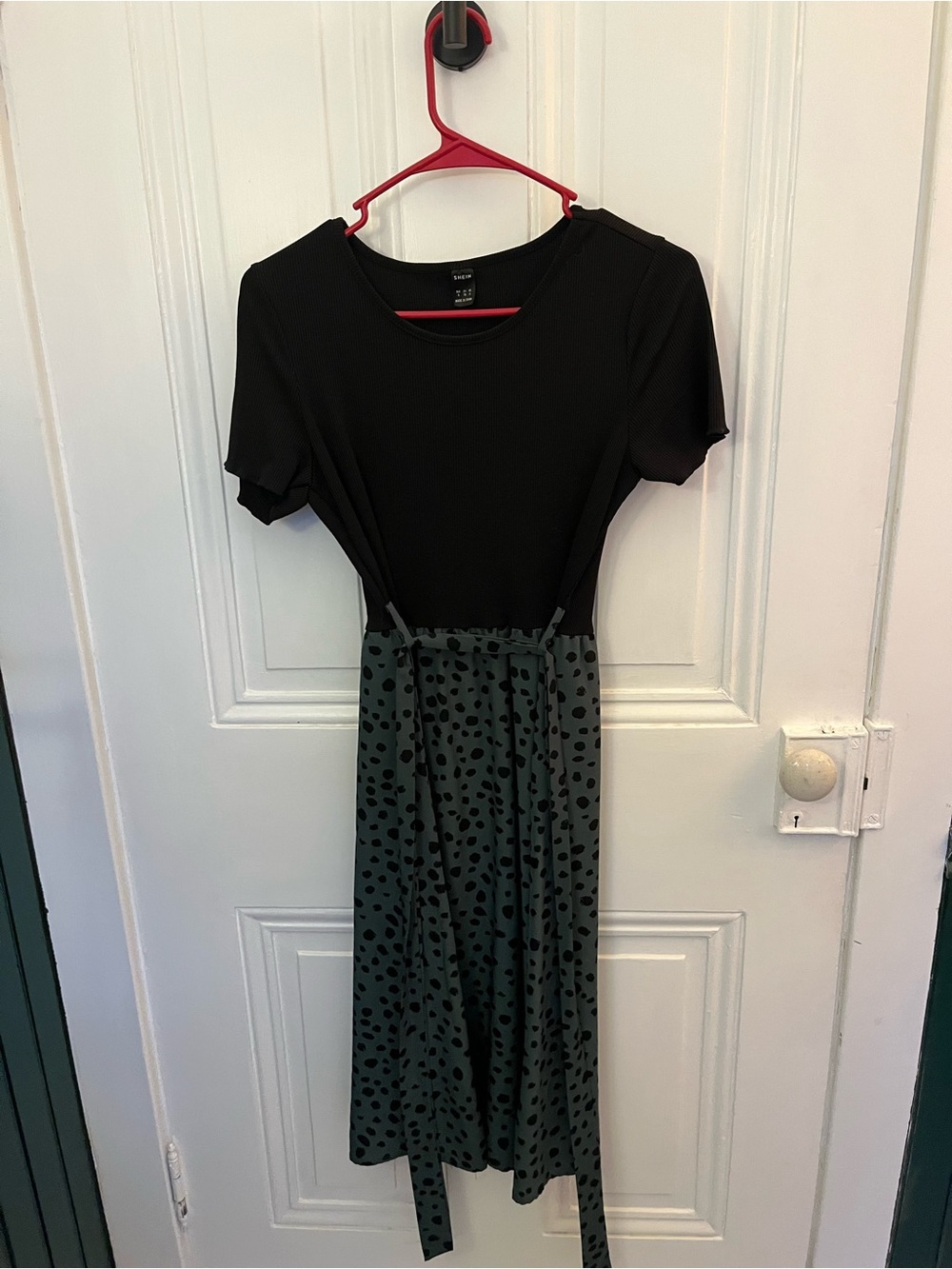 SHEIN Black Top with Dark Green Polka Dot Midi Dress